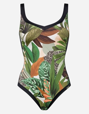 Floral Safari Shaped Neck Swimsuit - White Jungle womens resort swimwear, flattering one-piece swimsuits