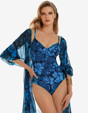 Floreale Underwired Wrap Swimsuit - Blue underwired swimsuits for women, supportive swimwear tops