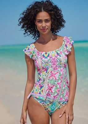 Flutter Sleeve Tankini Top - Beach Art supportive swim tops, printed bikini tops
