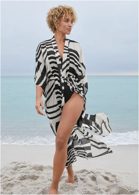 Front Tie Kimono Cover-Up - Modern Abstract swimwear with tummy control, elegant swimsuits for women