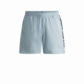 Fully lined swim shorts with logo print mens full coverage swimwear, stylish mens swim trunks