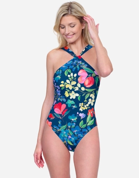 Garden Dream High Neck Swimsuit - Multi Navy tummy control swimwear women, slimming swimsuits