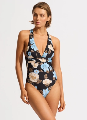 Garden Party Cross Back One Piece - Black modern womens swimwear, one piece swimsuits women