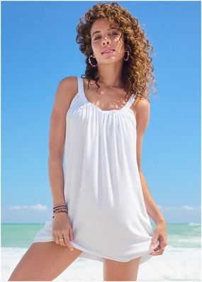 Gathered Neckline Dress - White plain swimwear women, minimalist swimsuits