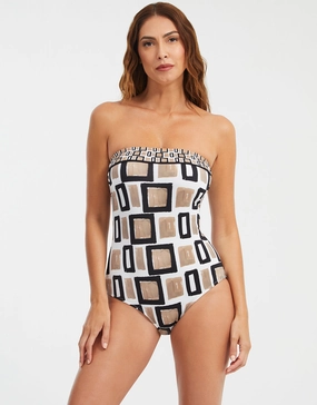 Geo Bandeau Swimsuit - Black White and Gold bandeau swimsuits for women, strapless swimwear tops