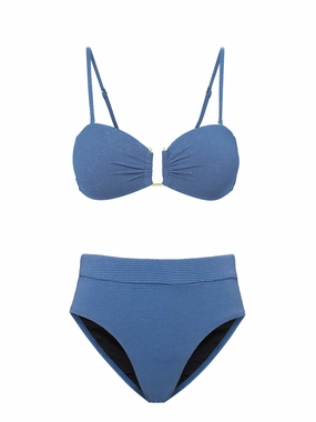 Gina Top   Hi Leg Hi Waist Bottom in Steel Blue Metallic bikini bottom with tie sides, swim top for sunbathing