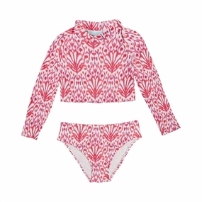 Girl's Ikat Crop Top Swim Set In Pink stylish teen girl swimsuits, teen girls swimwear sets