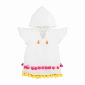 Girl's Pom Pom Cover-Up In White cute swimsuits for teen girls, modest teen swimwear