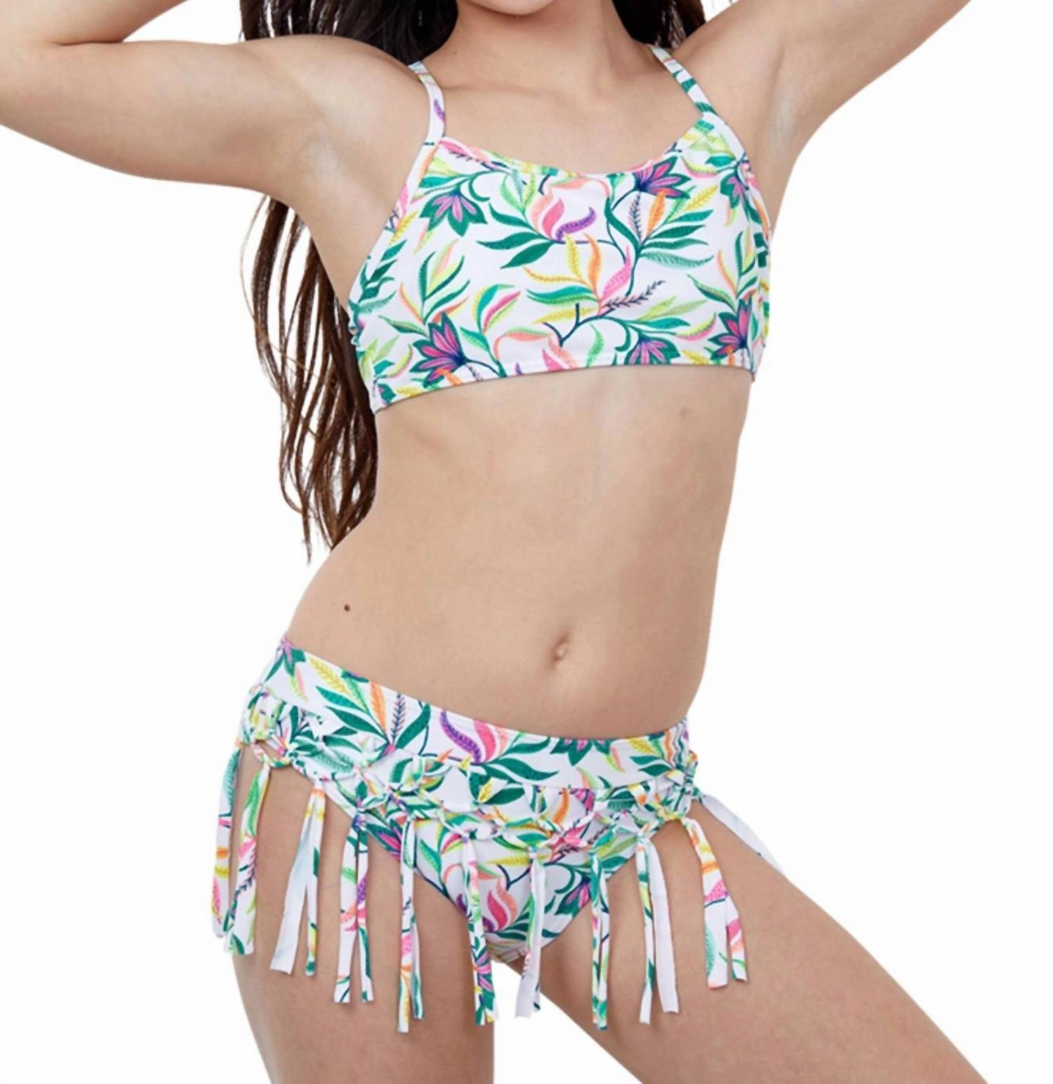 Girls Bralette Bikini Top With Fringe Skirt Bikini Bottom In Gtk Palms cute swimsuits for teen girls, modest teen swimwear