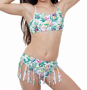 Girls Bralette Bikini Top With Fringe Skirt Bikini Bottom In Gtk Palms cute swimsuits for teen girls, modest teen swimwear