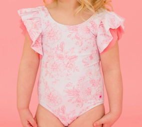 Girls Bubblegum Butterfly Garden Toile Butterfly Sleeve One Piece In Pink stylish teen girl swimsuits, teen girls swimwear sets
