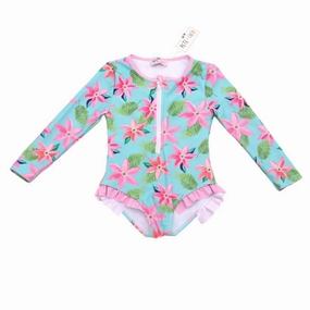 Girls One Piece Long Sleeve Zip Swimsuit In Tropical Daze stylish teen girl swimsuits, teen girls swimwear sets