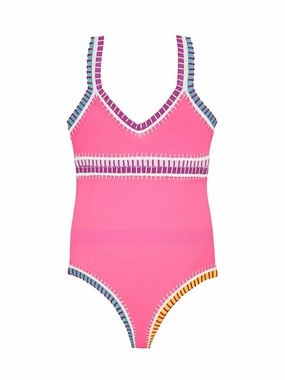 Girls Rainbow Embroidered One Piece Swimsuit In Medium Pink stylish teen girl swimsuits, teen girls swimwear sets