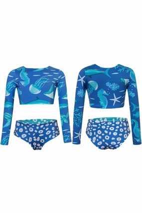 Girls Sea Life Long Sleeve Bikini In Blue stylish teen girl swimsuits, teen girls swimwear sets