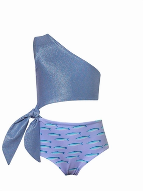 Girls Shimmer Knotted Trikini In Blue stylish teen girl swimsuits, teen girls swimwear sets