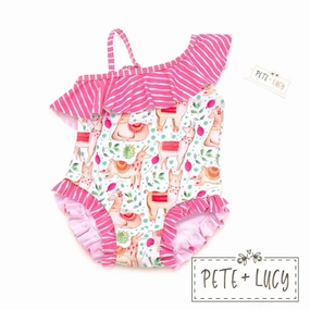 Girls Sweet Llamas One Piece Swimsuit In White/pink stylish teen girl swimsuits, teen girls swimwear sets