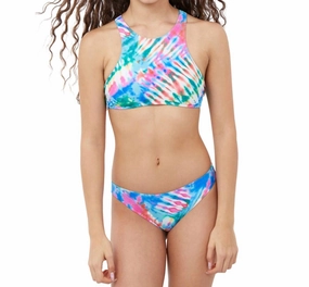 Girls Tie Dye High Neck Bikini Top With Matching Bikini Bottom In Purple Tie Dye cute swimsuits for teen girls, modest teen swimwear