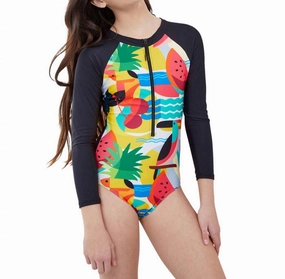 Girls Zip Up Rash Guard One Piece Swimsuit In Tropical cute swimsuits for teen girls, modest teen swimwear