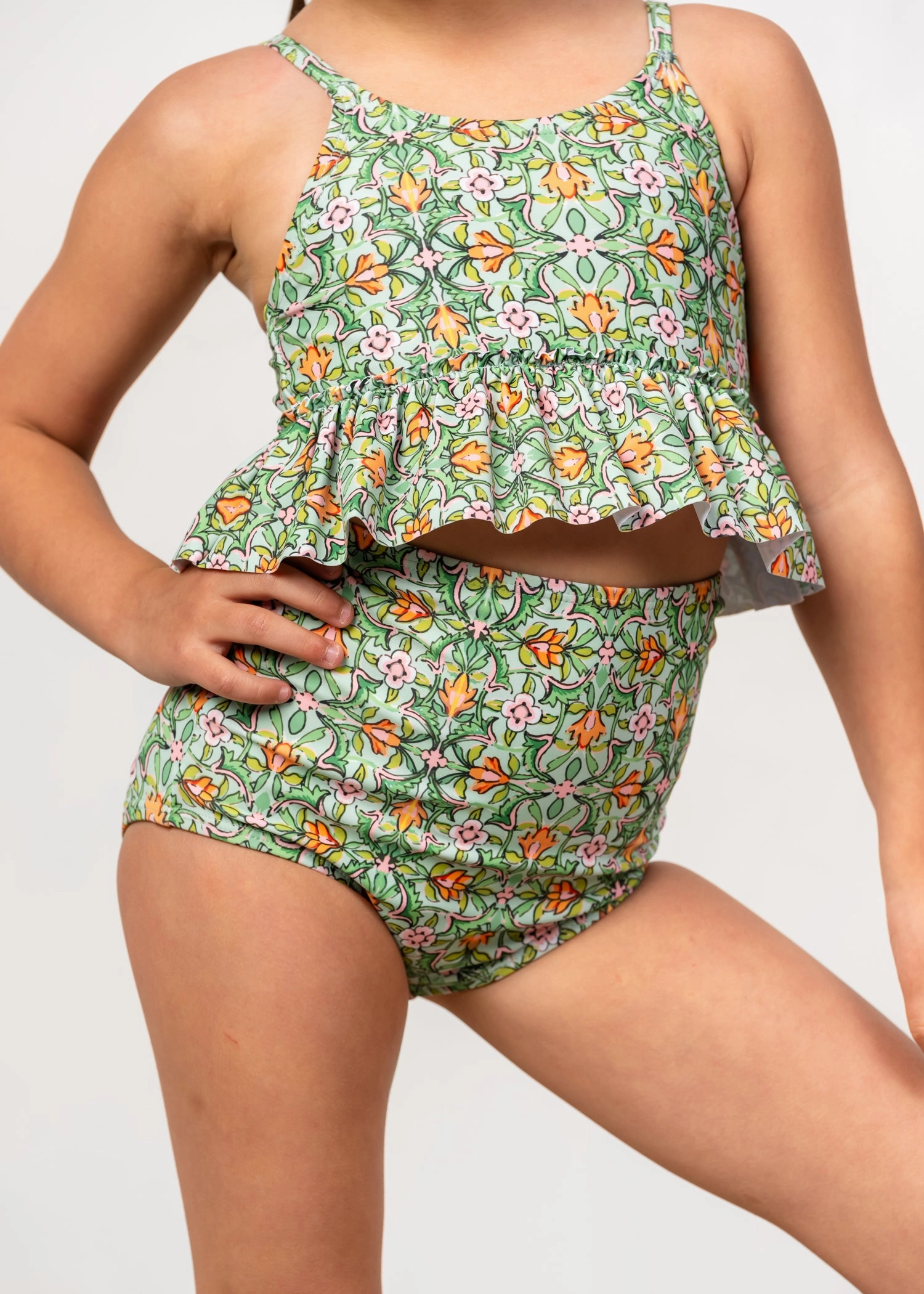 Heirloom Tulip | Mini High-Waisted Bottoms girls full coverage swimwear, kids swimwear for pool