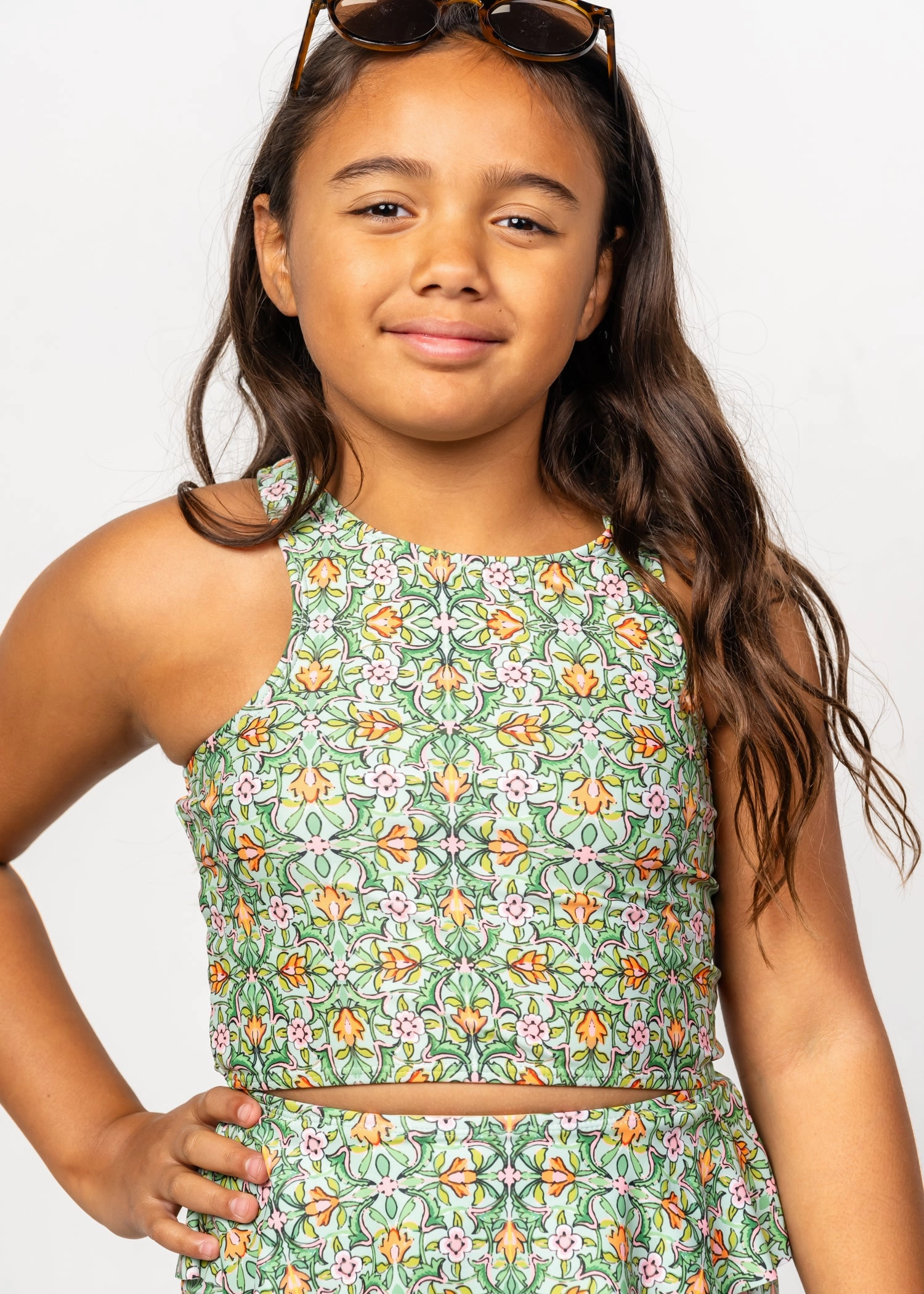 Heirloom Tulip | Youth Racer Back Top girls full coverage swimwear, kids swimwear for pool