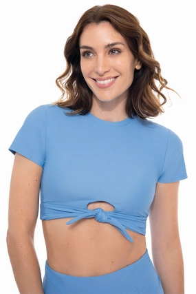Hibiscus Island Crop Swim Tee | Clear Sky Blue adjustable swimsuits for women, breathable swimwear for ladies