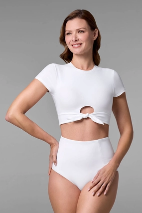 Hibiscus Island Crop Swim Tee | White adjustable swimsuits for women, breathable swimwear for ladies