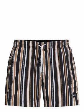 Hugo Boss Men's Iso Striped Swim Trunks, Black mens beach swimwear, quick dry mens swimsuits