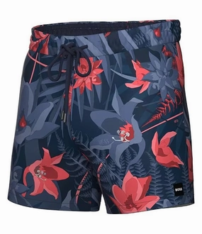 Hugo Boss Men's Piranha Swim Trunks, Navy Flowers mens beach swimwear, quick dry mens swimsuits