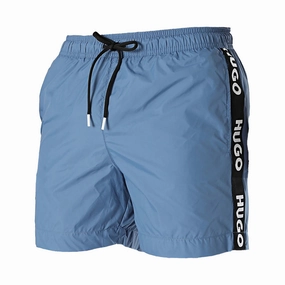 Hugo Men's Fab Logo Taping Swim Trunks, Acai Blue mens beach swimwear, quick dry mens swimsuits