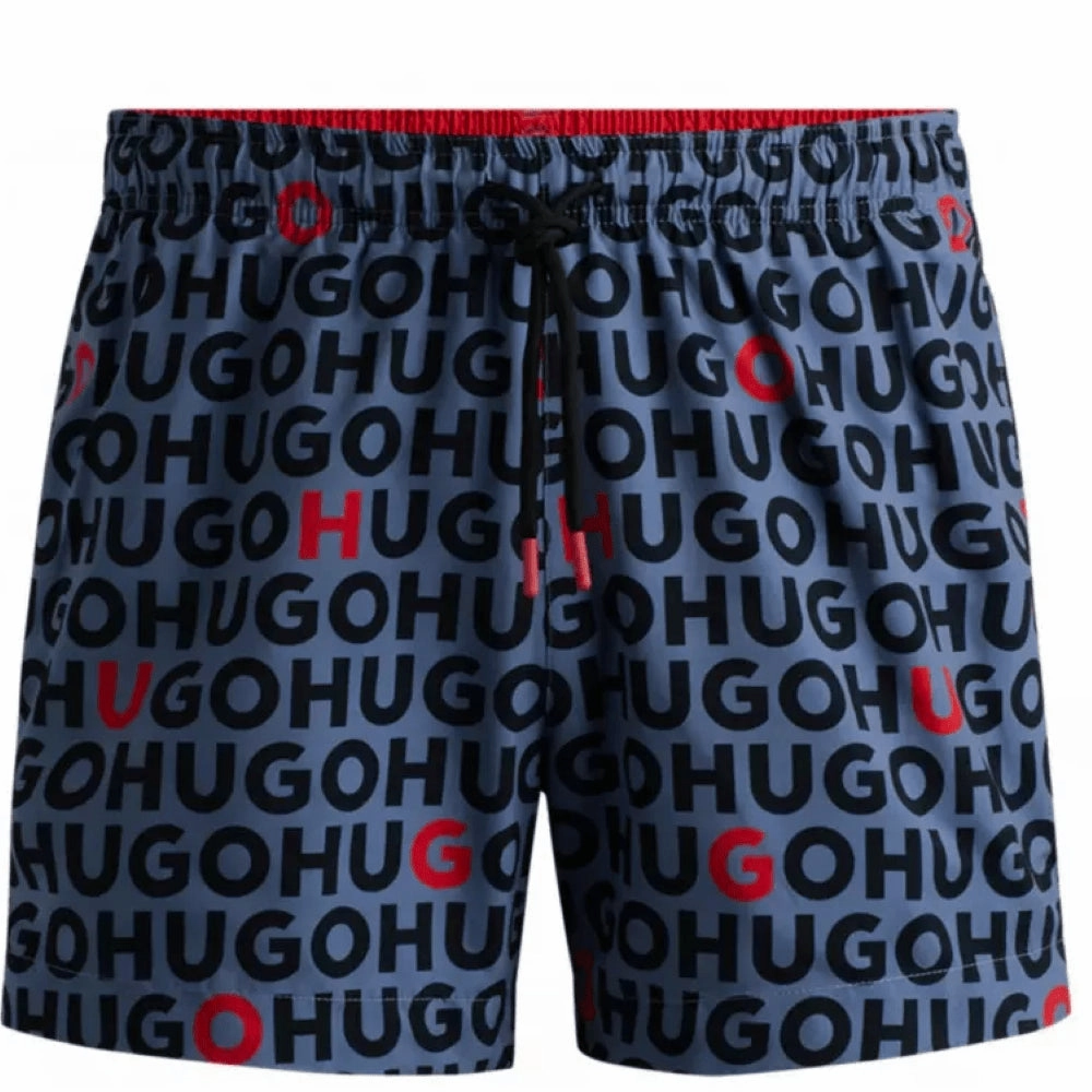 Hugo Men's Tortuga All Over Logo Swim Trunks, Acai Blue mens beach swimwear, quick dry mens swimsuits
