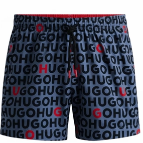 Hugo Men's Tortuga All Over Logo Swim Trunks, Acai Blue mens beach swimwear, quick dry mens swimsuits