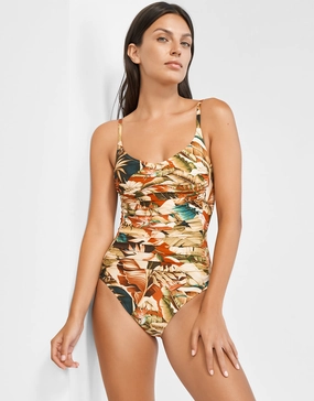 Hypnotic Ruched Underwired Swimsuit - Sepia Leaves cup sized swimwear women, supportive swimsuits for large bust