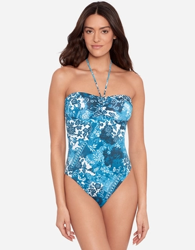 Indigo Patchwork Halter Bandeau Swimsuit bandeau swimsuits for women, strapless swimwear tops