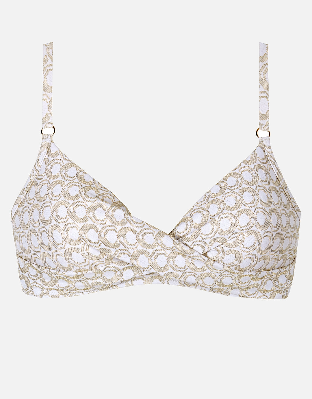 Indira Twist Front Bikini Top - White and Gold full coverage swim tops, cute bikini tops