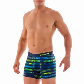 Intergalactic Mid Trunk In Blue mens full coverage swimwear, stylish mens swim trunks