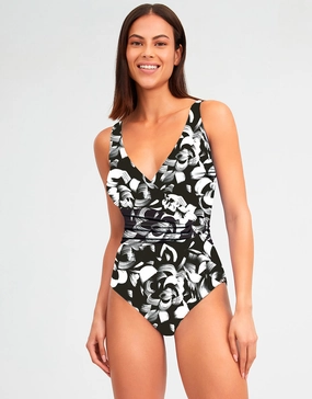 Island Wrap Front Swimsuit - Black and White cup sized swimwear women, supportive swimsuits for large bust