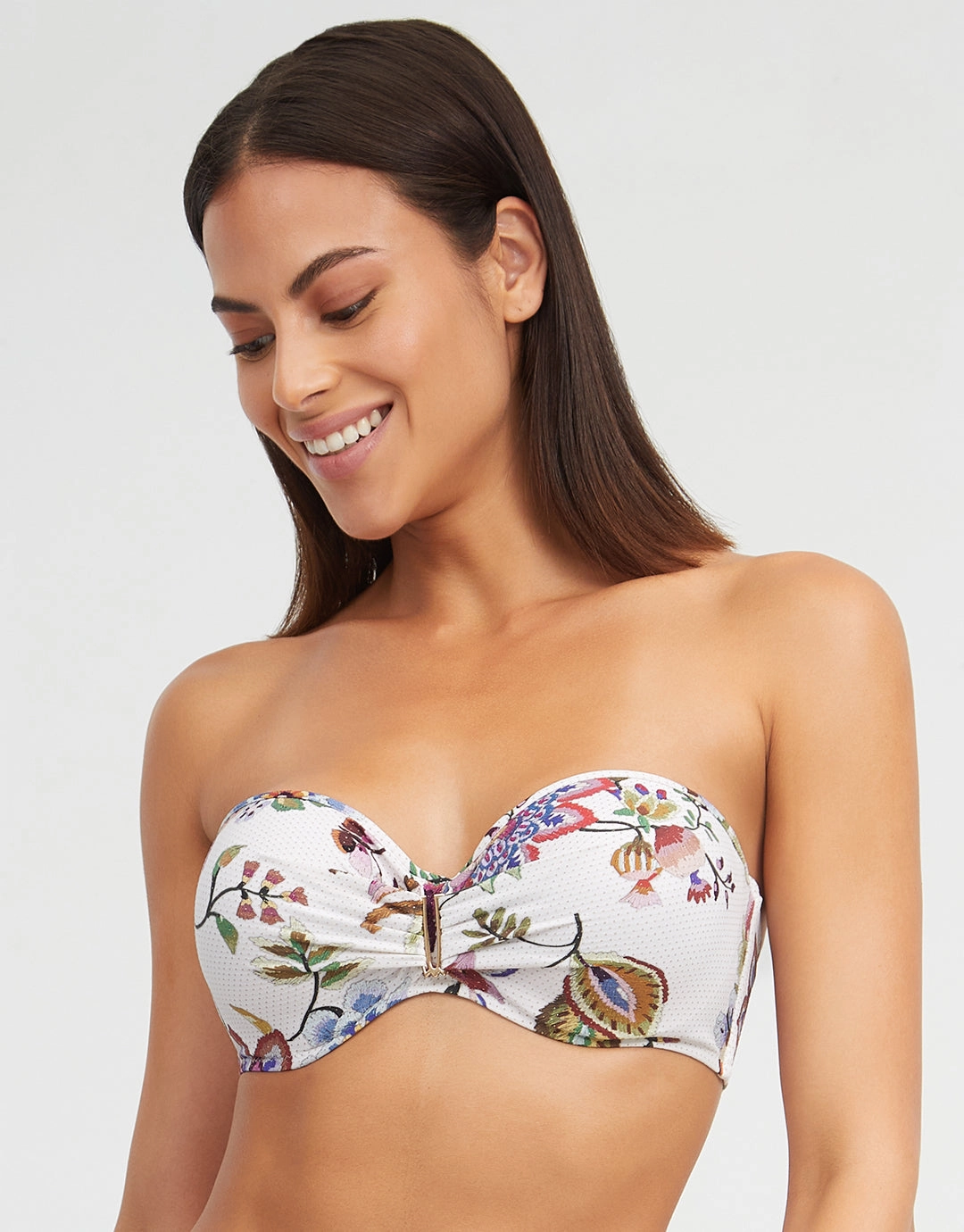 Jasmine Bandeau Bikini Top - White Floral full coverage swim tops, cute bikini tops
