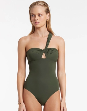 Jetset Gathered One Shoulder Swimsuit - Olive bandeau swimsuits for women, strapless swimwear tops