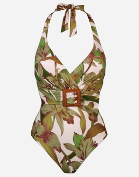 Journey Belted Halterneck Swimsuit - Cream Reed cup sized swimwear women, supportive swimsuits for large bust