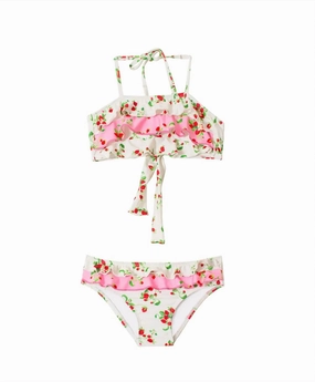 Kid's Strawberry Fields Ruffle Bikini Set In White stylish teen girl swimsuits, teen girls swimwear sets