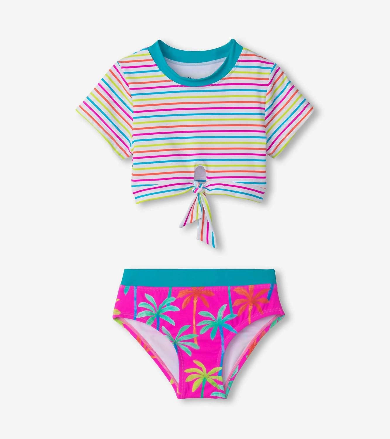 Kids Painted Palms Short Sleeve Tankini Set In Fuchsia Purple