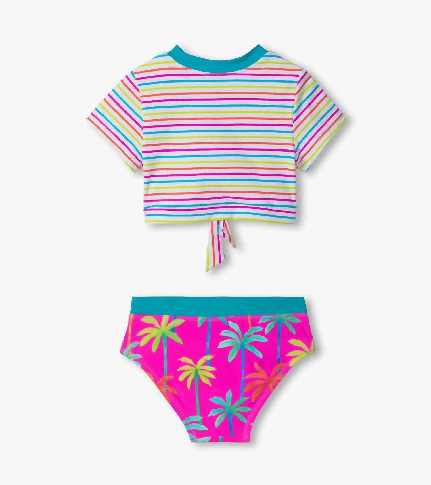 Kids Painted Palms Short Sleeve Tankini Set In Fuchsia Purple