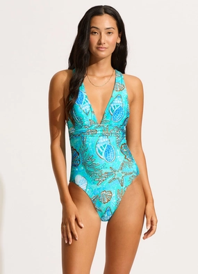 La Mer Cross Back One Piece - Aquatic Blue slimming one piece swimsuits, fashionable one piece suits