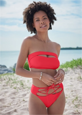 Lace-Up Bottom - Rosey Red black swim bottoms women, solid color bikini bottoms