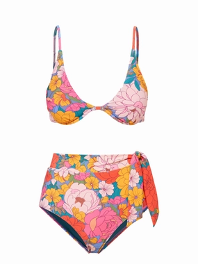Leah Top   Side Tie High Waist Bottom in Zinnia Fields bikini bottom with tie sides, swim top for sunbathing