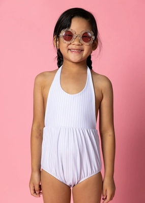 Light Blue Stripe | Mini Romper One-Piece girls full coverage swimwear, kids swimwear for pool