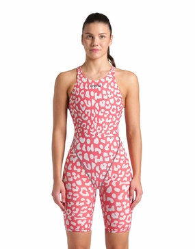 Limited Edition Powerskin ST NEXT Open Back - Leopard Skin Geranium competition swimwear for women, women's racing swimsuits