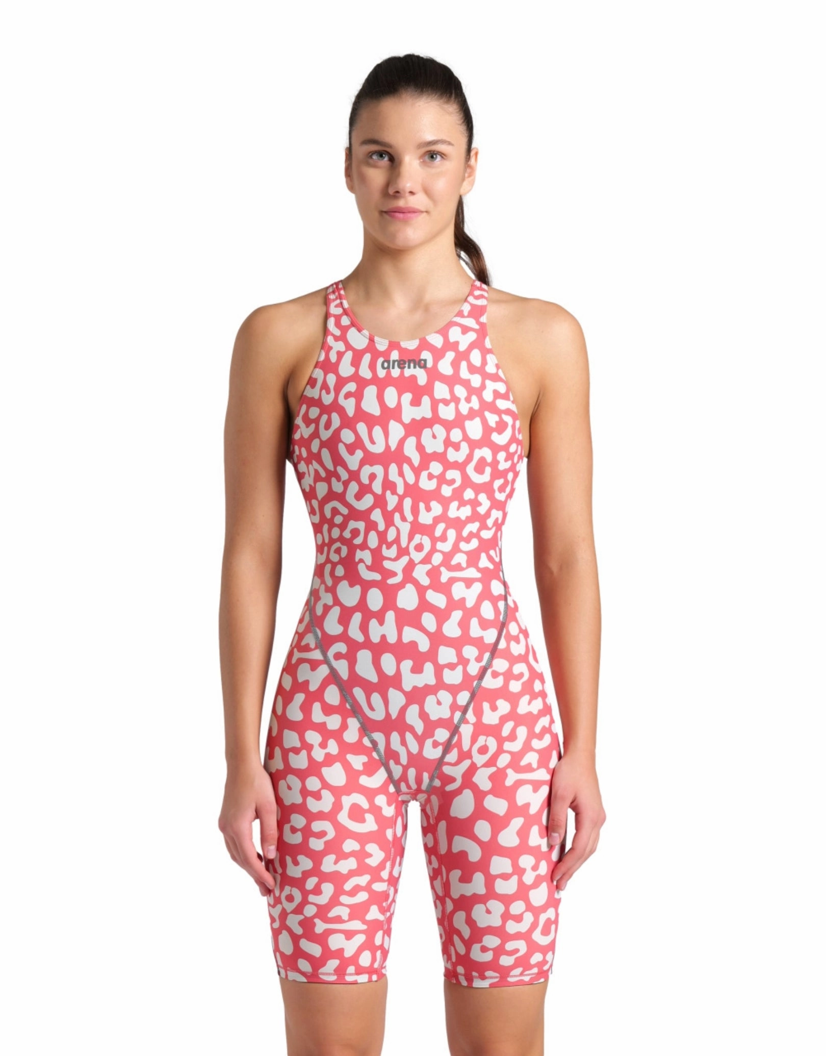 Limited Edition Powerskin ST NEXT Open Back - Leopard Skin Geranium competition swimwear for women, women's racing swimsuits