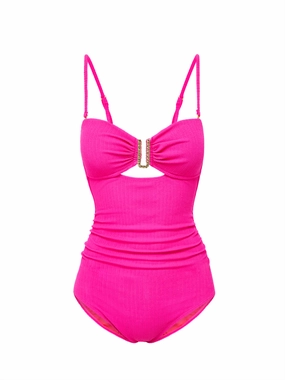 Lisa One Piece Shocking Pink Textured Stripe high waist swimwear women, swimsuit for women beachwear