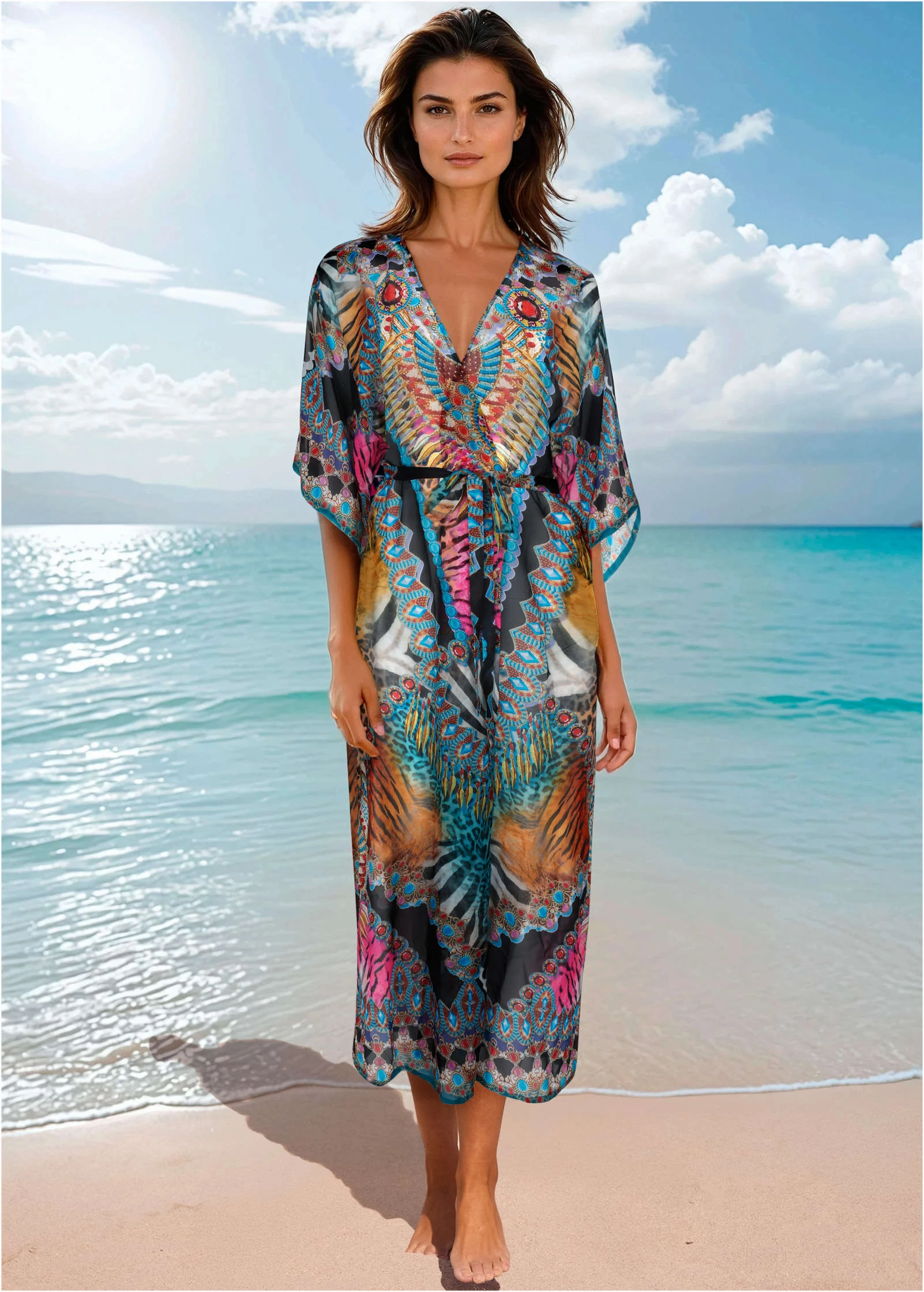 Long Kimono Cover-Up - Mirrored Jungle everyday swimwear for women, casual swim outfits ladies